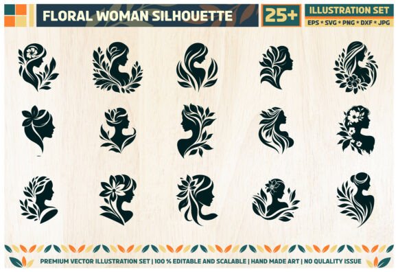 B W Floral Woman Face Silhouette Set Graphics and Illustrations