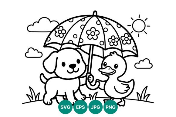 Dog and Duck Floral Umbrella Line Art Graphics and Illustrations