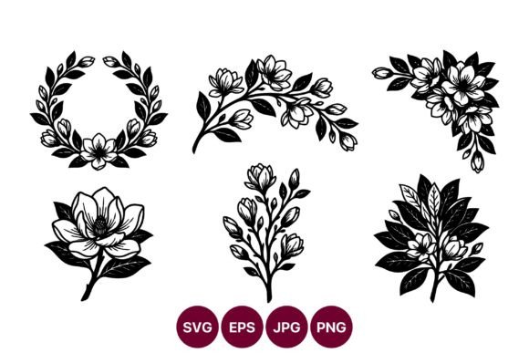 Floral Line Art Six Botanical Motifs in Graphics and Illustrations