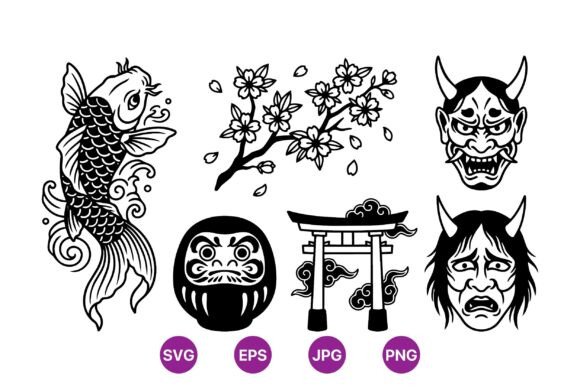 Japanese Mask Floral Koi Clipart: Premium Graphics and Illustrations for Bold Branding