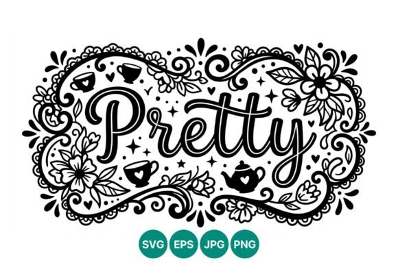 Pretty Floral Frame with Cups and Teapot Graphics and Illustrations