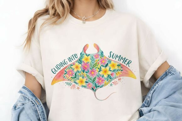 Tropical Floral Manta Ray Gliding PNG Graphics and Illustrations Review