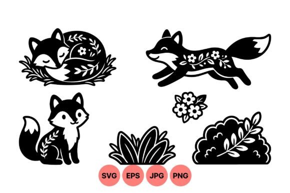 Whimsical Fox Floral Clipart Graphics and Illustrations